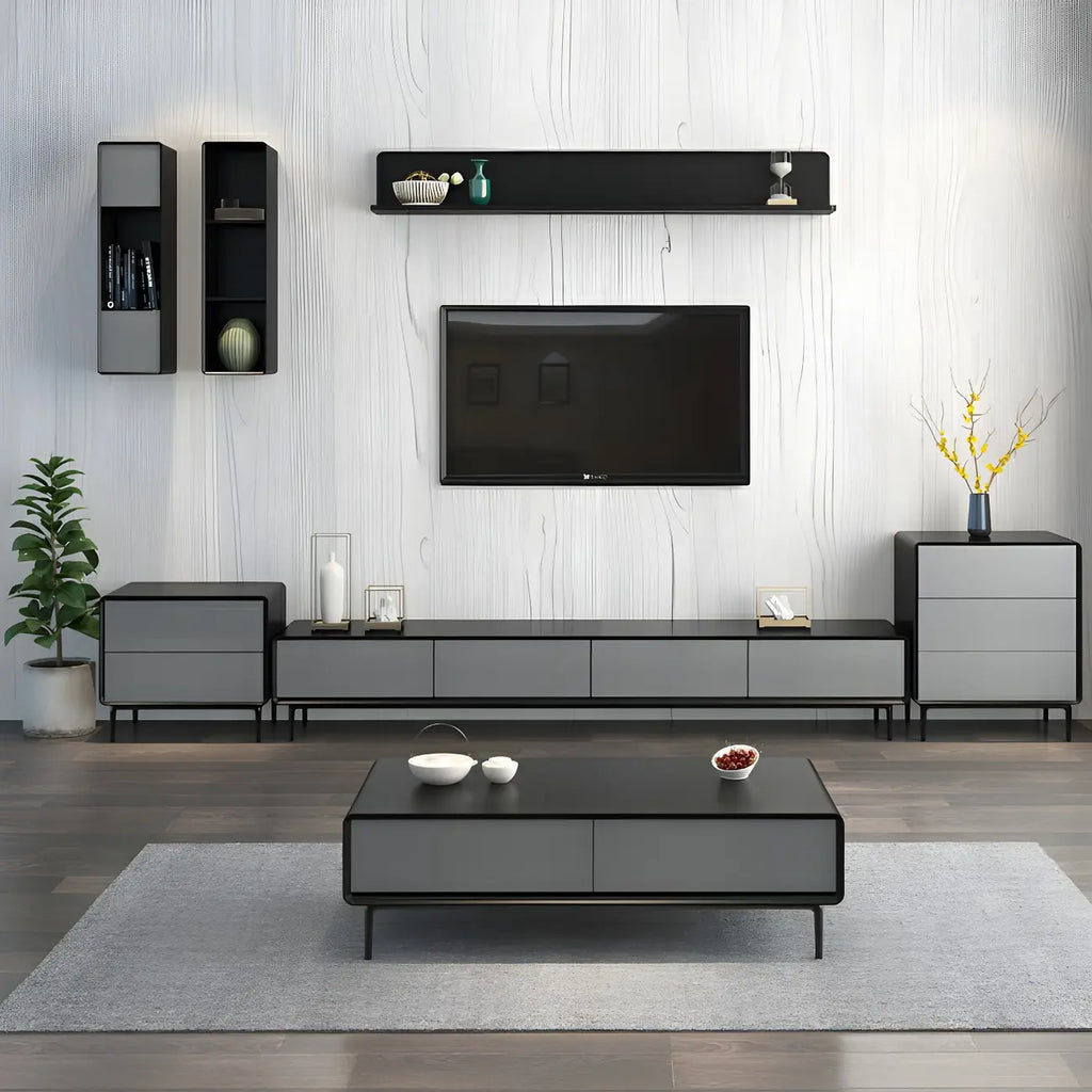 Meuble TV élégant en bois gris à 4 tiroirs, long et avec pieds