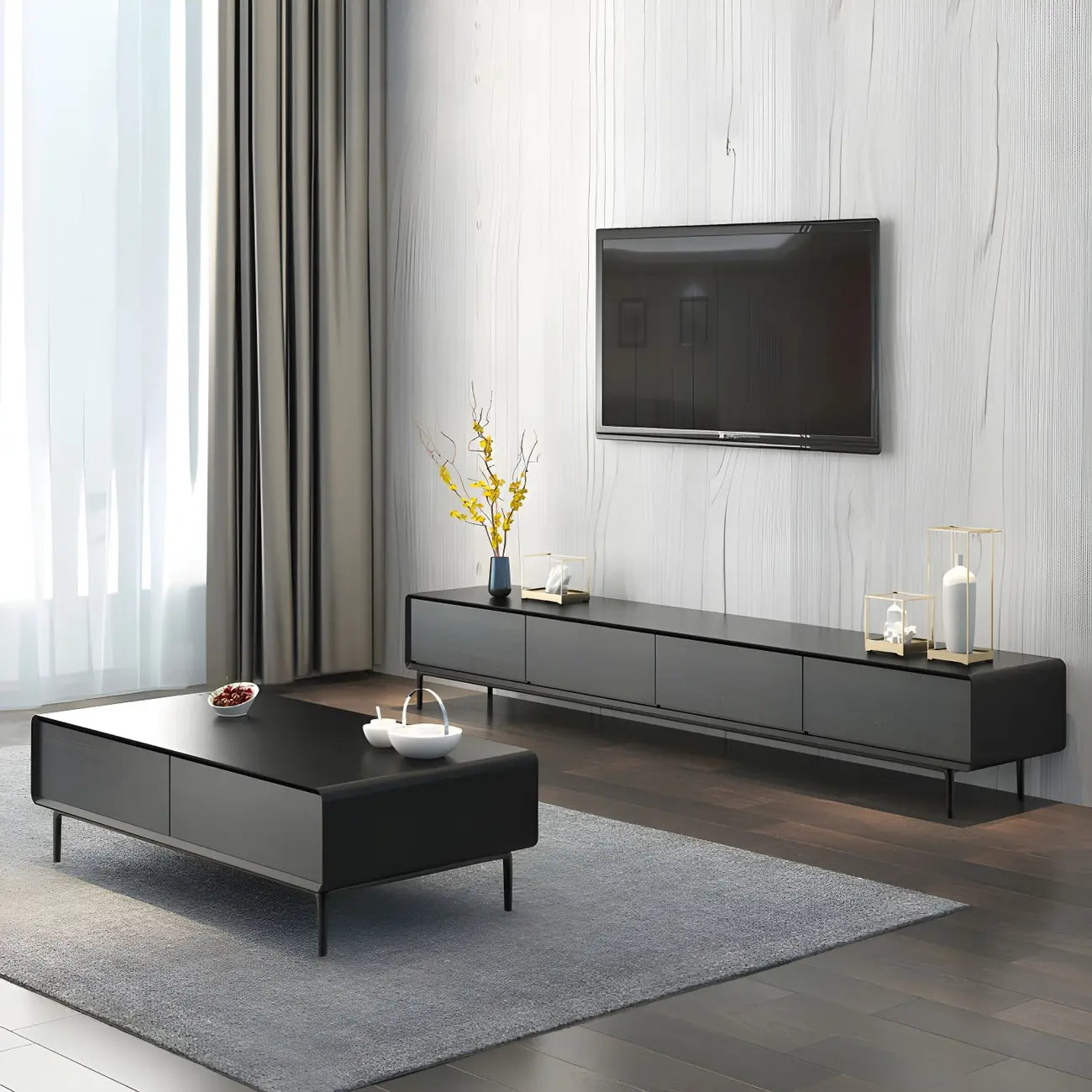 Meuble TV élégant en bois gris à 4 tiroirs, long et avec pieds