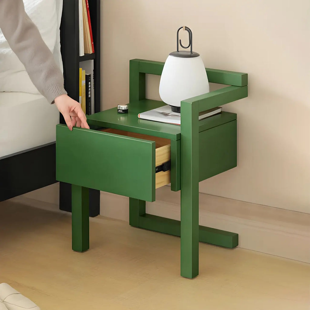 Table de chevet étroite en bois vert à 1 tiroir