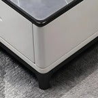 Mobile TV grigio moderno con ripiano aperto e ripiano in marmo, con contenitore