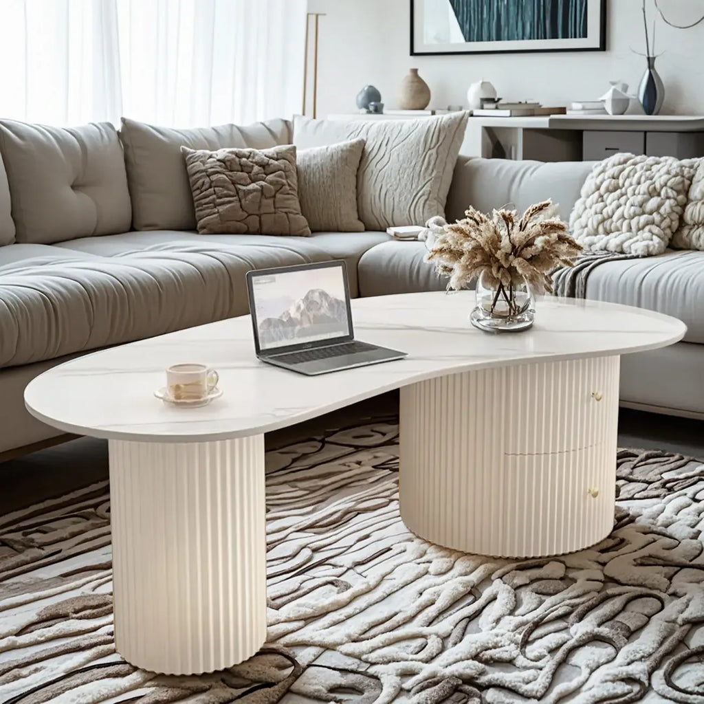 Table basse ovale blanche minimaliste standard avec 2 tiroirs