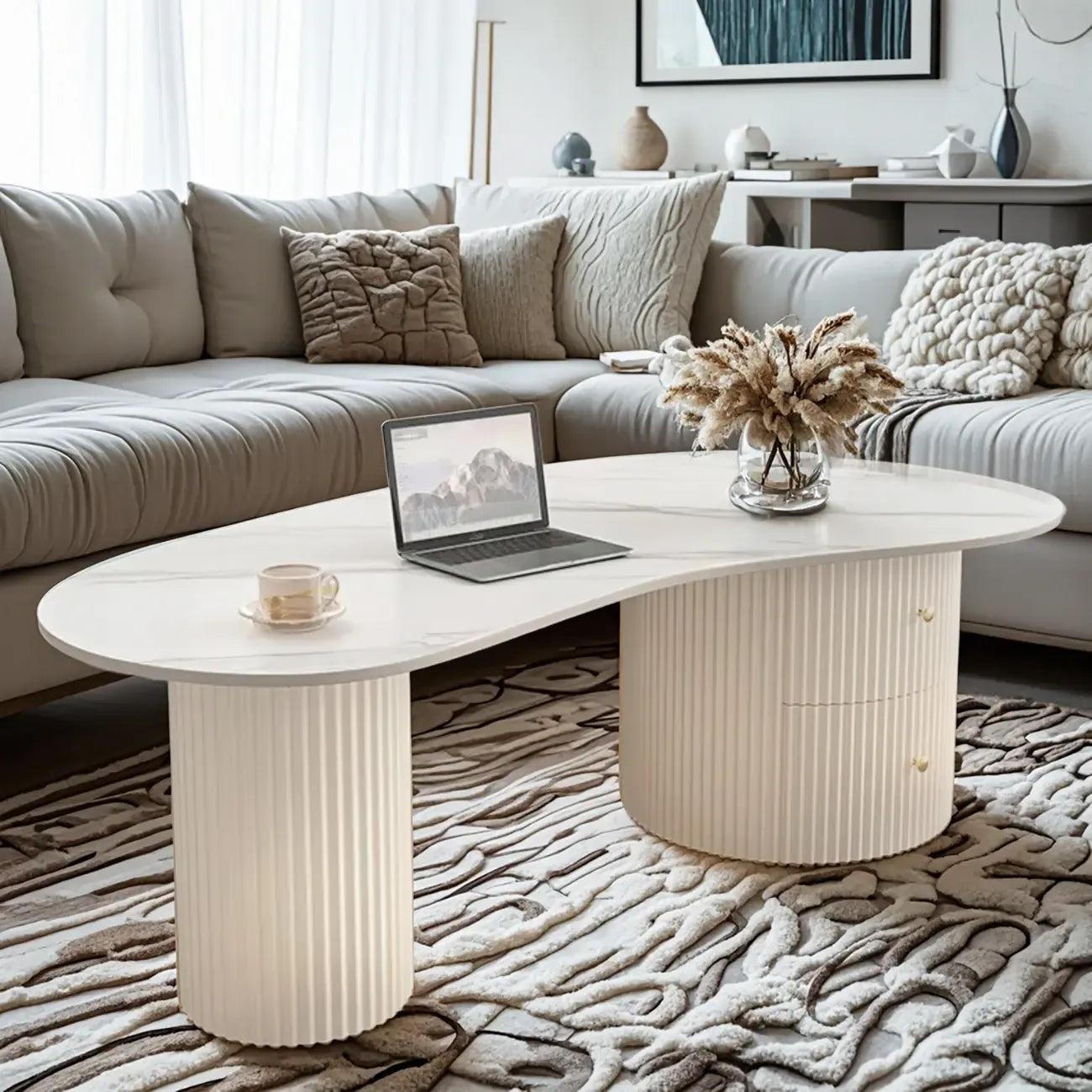 Table basse ovale blanche minimaliste standard avec 2 tiroirs