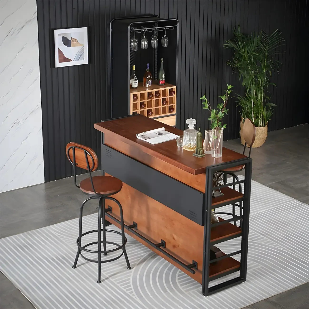 Tables de bar industrielles en bois brun et métal avec étagères de rangement