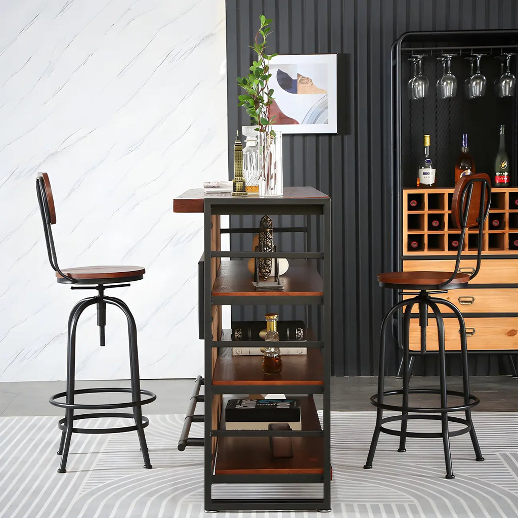 Tables de bar industrielles en bois brun et métal avec étagères de rangement