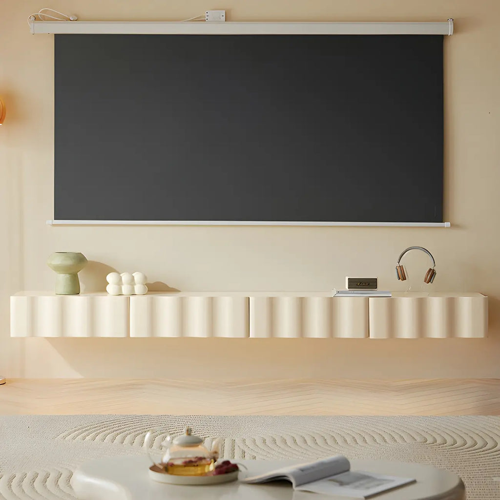 Meuble TV contemporain en bois blanc à motif vague flottante avec tiroirs