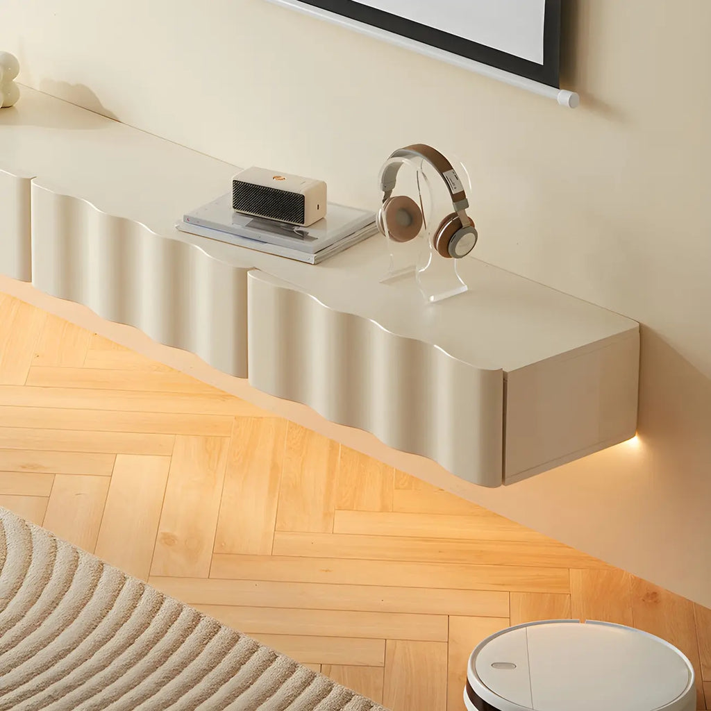 Meuble TV contemporain en bois blanc à motif vague flottante avec tiroirs