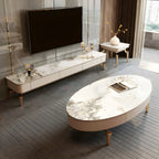 Meuble TV de luxe avec plateau en pierre blanche et pieds dorés, intégrant un espace de rangement