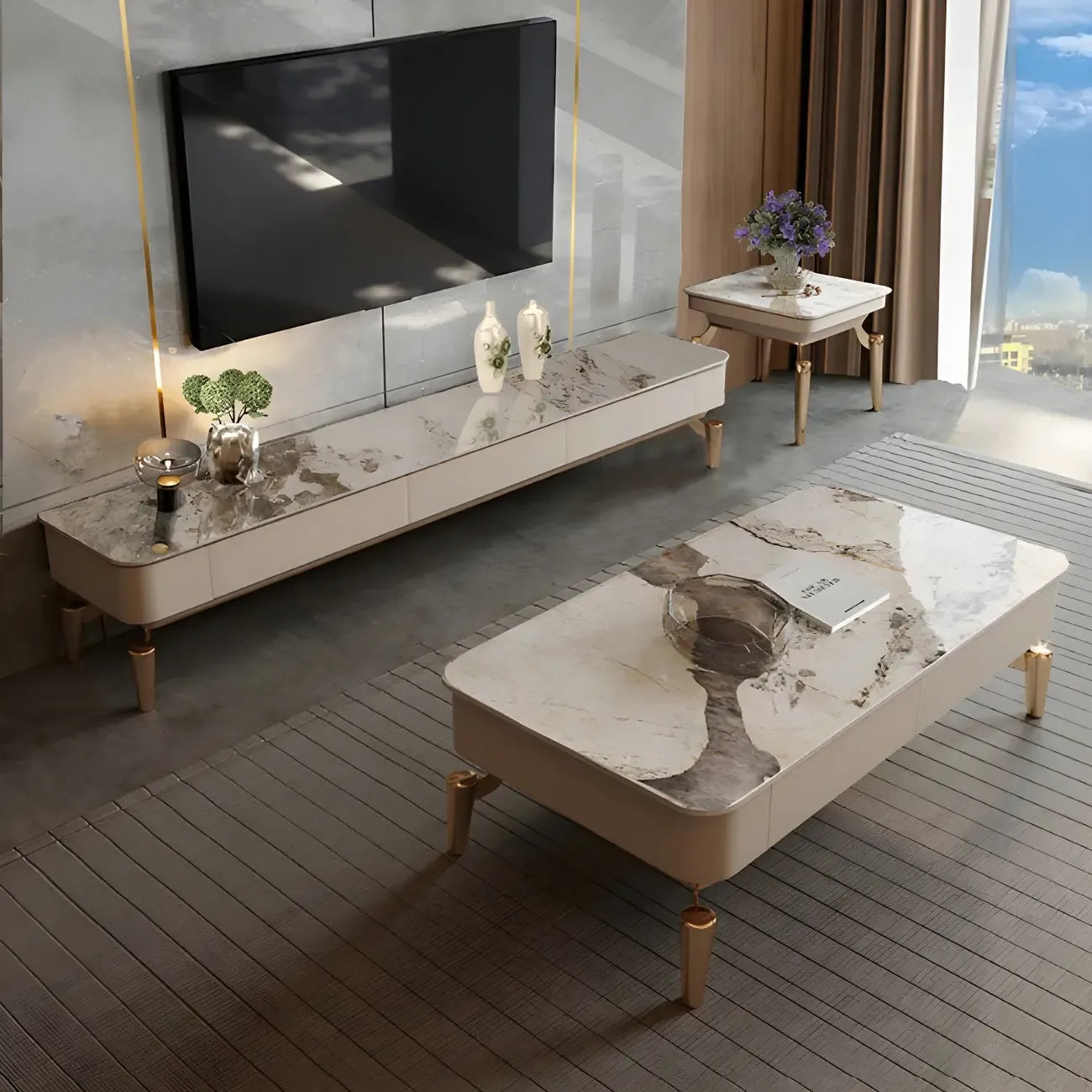 Meuble TV de luxe avec plateau en pierre blanche et pieds dorés, intégrant un espace de rangement