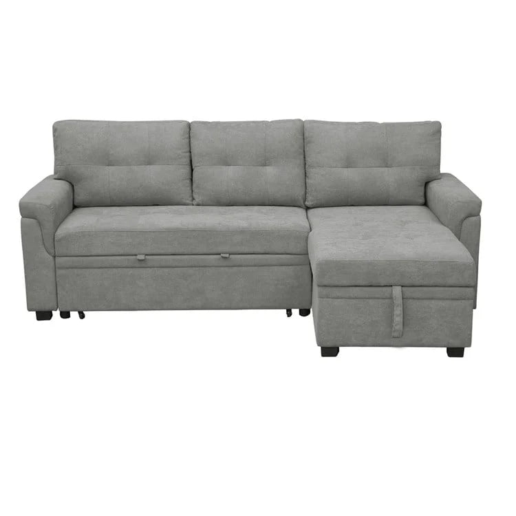 Canapé d'angle convertible et réversible avec lit gigogne, méridienne de rangement dissimulée et pieds robustes.