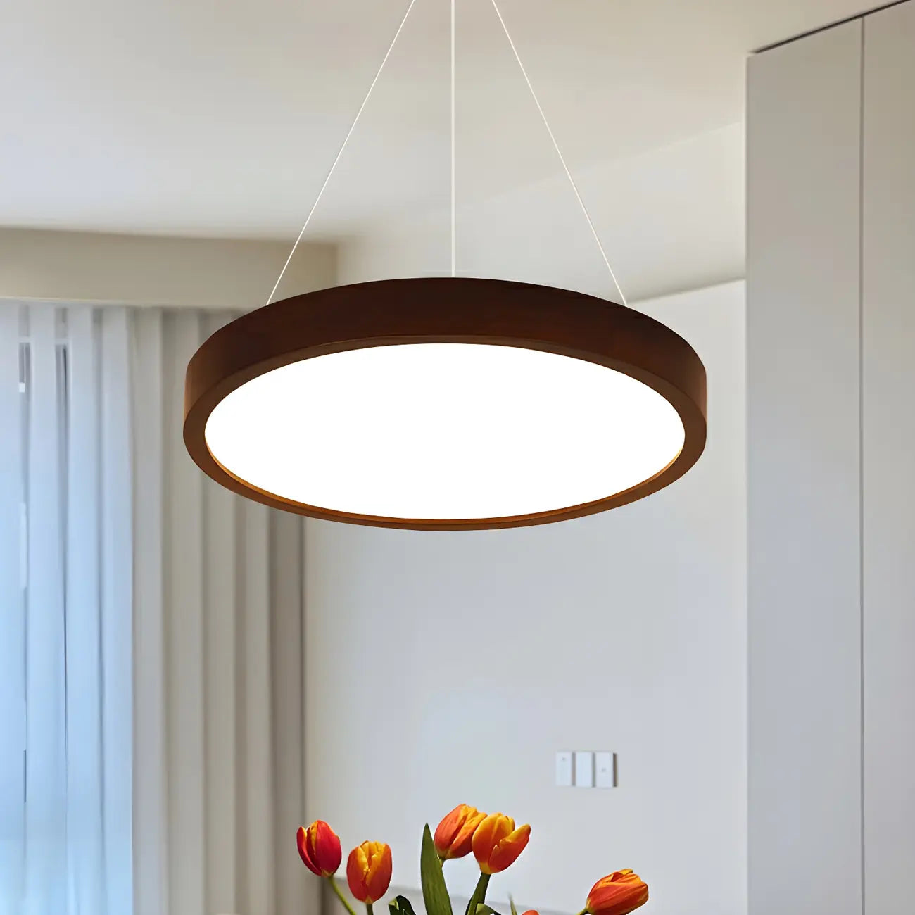 Lustre cylindrique en bois marron à LED moderne à intensité variable