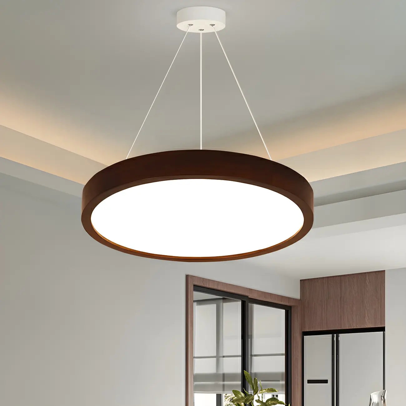 Lustre cylindrique en bois marron à LED moderne à intensité variable