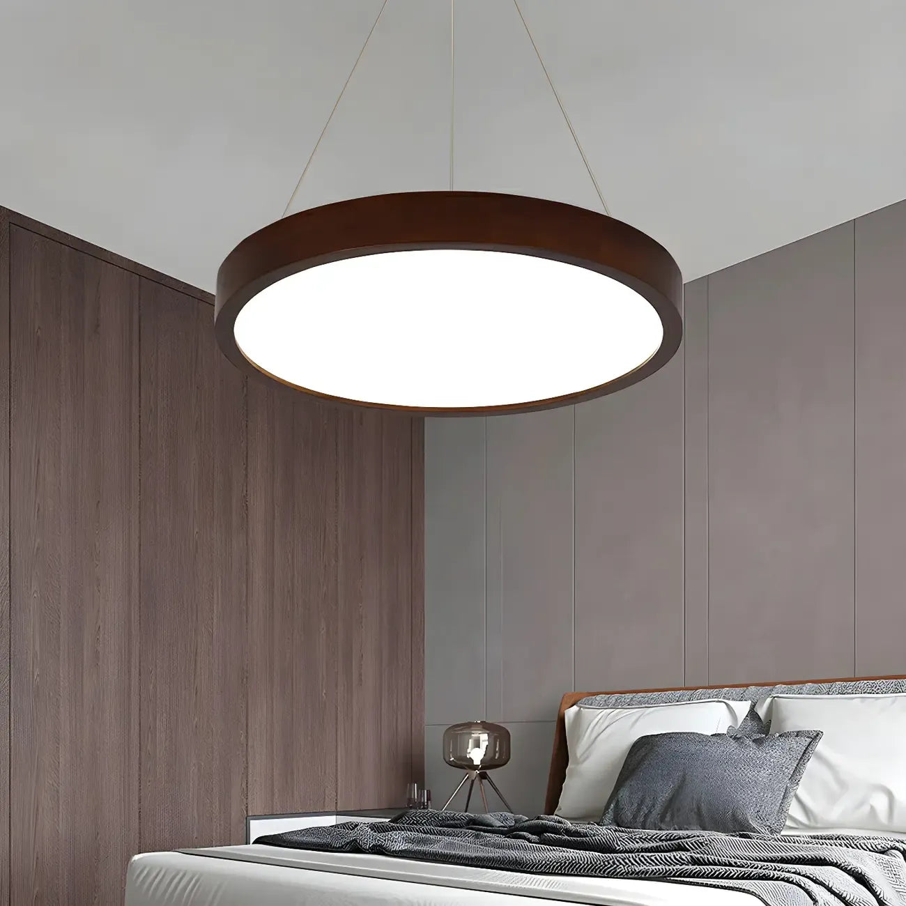 Lustre cylindrique en bois marron à LED moderne à intensité variable