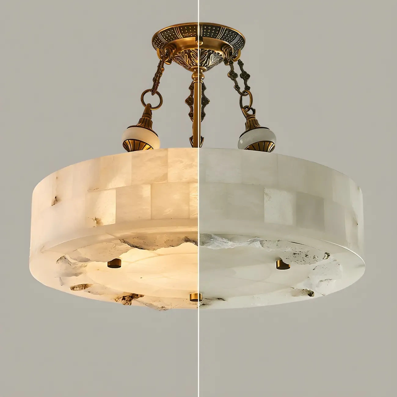 Luxueux lustre cylindrique en albâtre doré