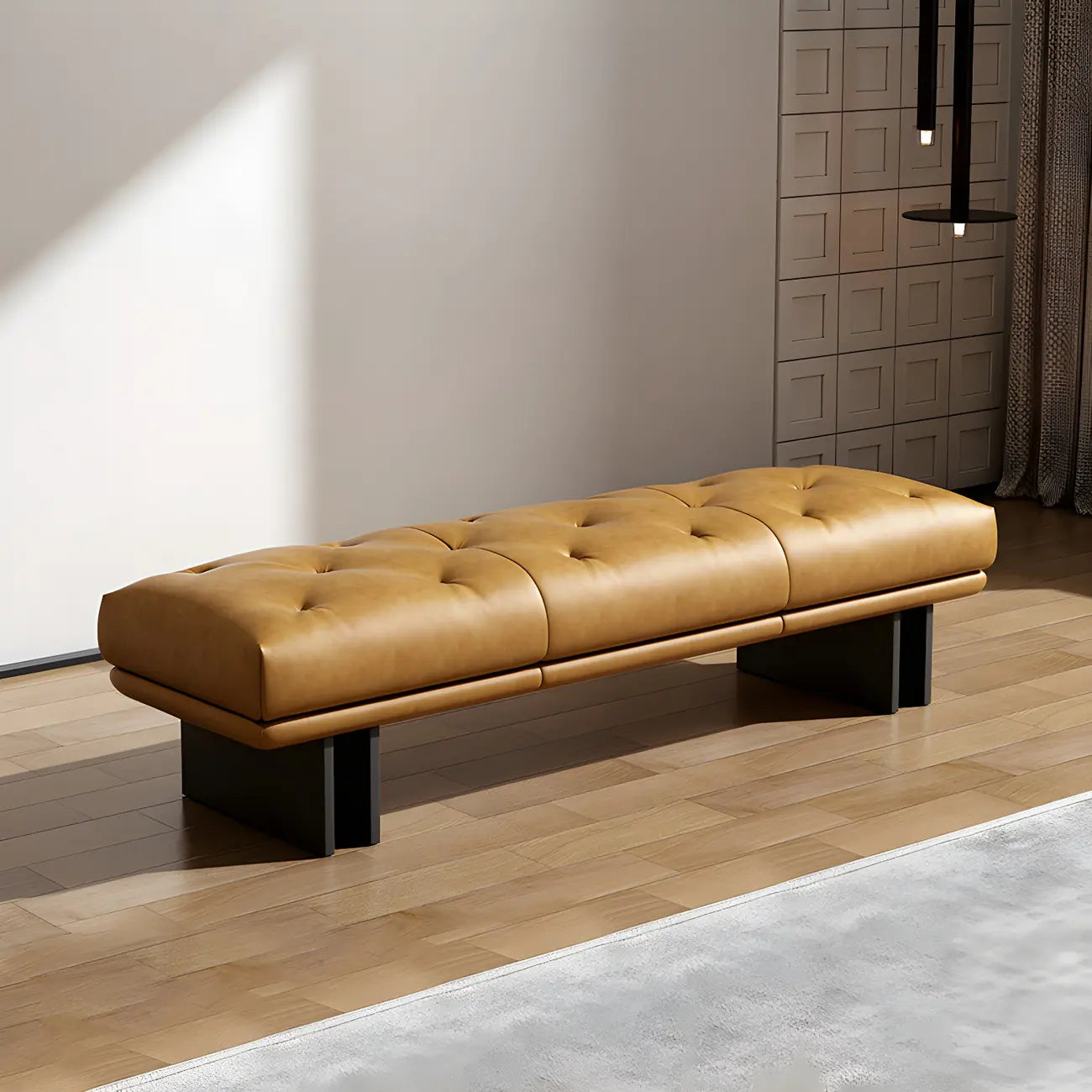 Banc de chambre minimaliste en cuir véritable jaune capitonné