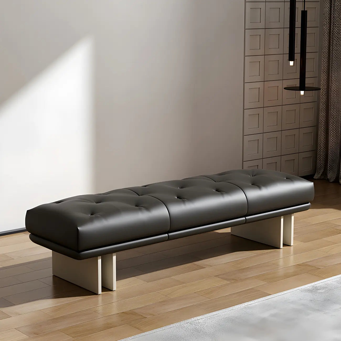 Banc de chambre minimaliste en cuir véritable jaune capitonné
