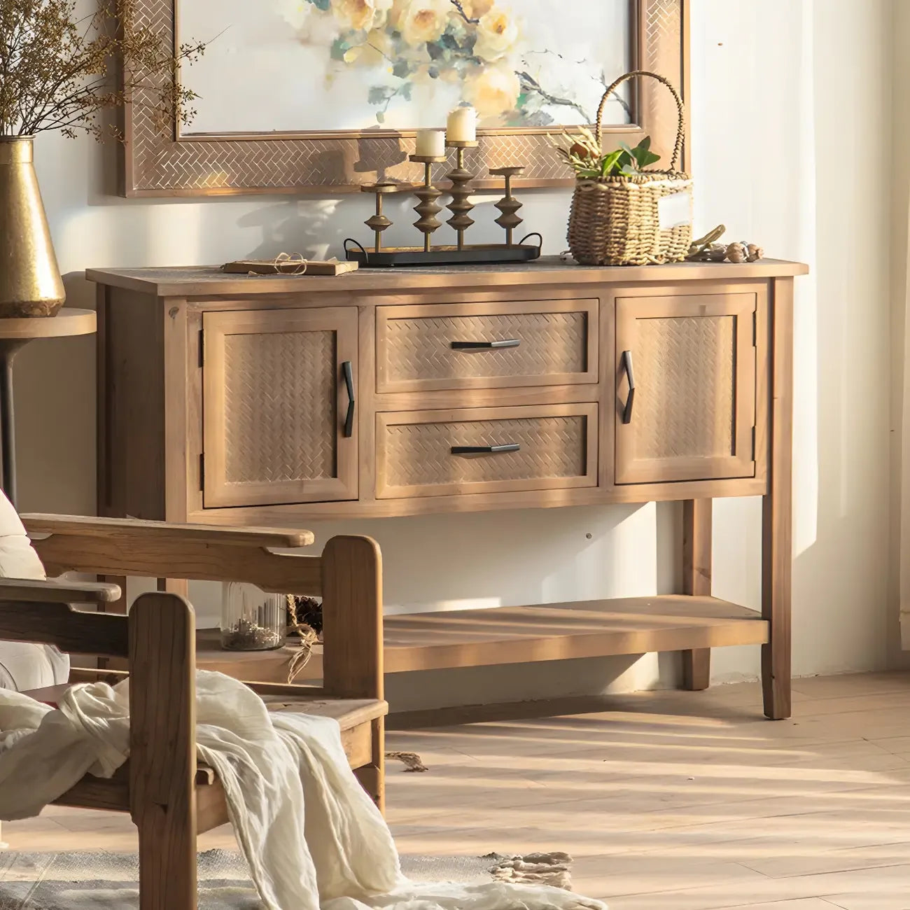 Console d'entrée rustique en bois brun avec tiroirs