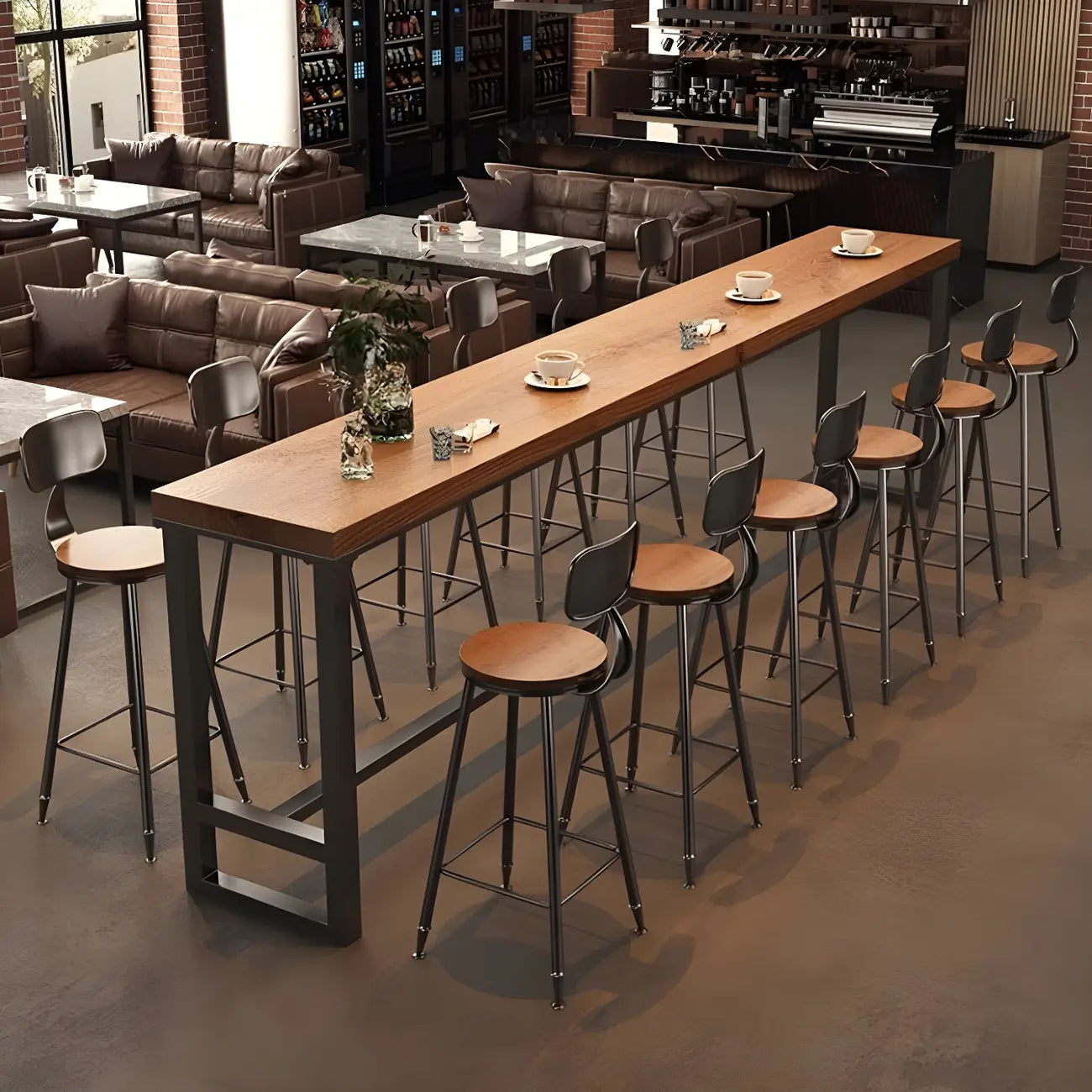 Tables de bar industrielles en pin brun, bois et métal, tréteaux