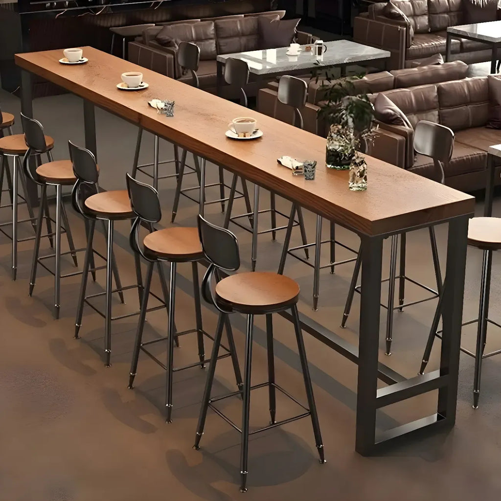 Tables de bar industrielles en pin brun, bois et métal, tréteaux