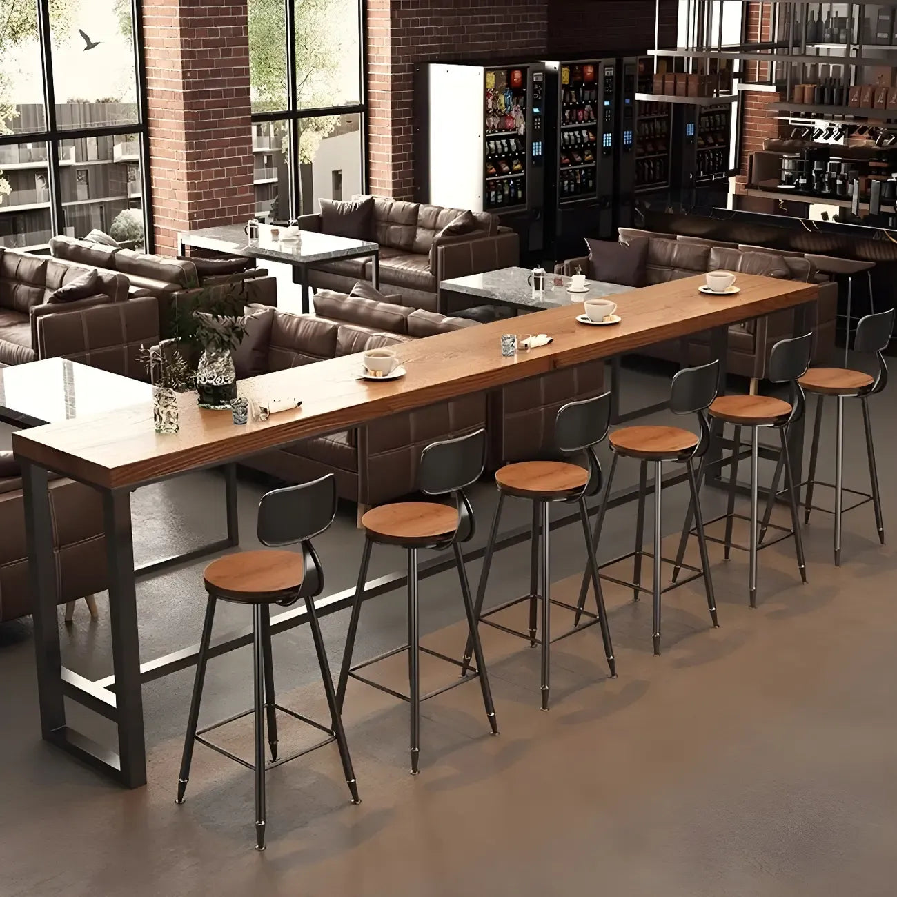 Tables de bar industrielles en pin brun, bois et métal, tréteaux