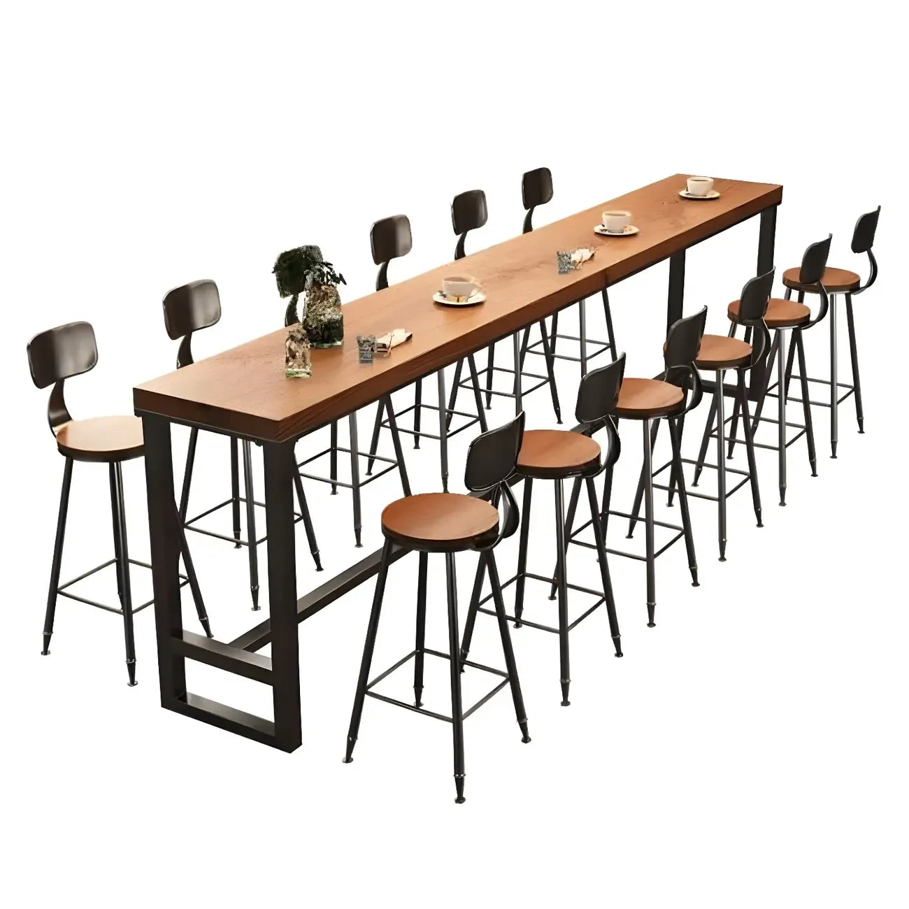 Tables de bar industrielles en pin brun, bois et métal, tréteaux