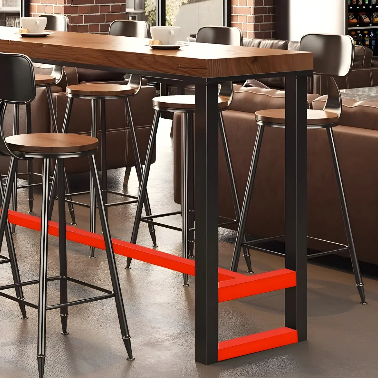 Tables de bar industrielles en pin brun, bois et métal, tréteaux