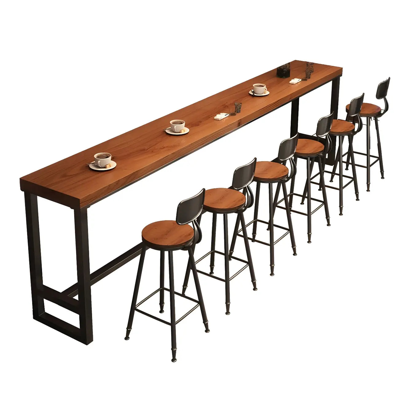 Tables de bar industrielles en pin brun, bois et métal, tréteaux