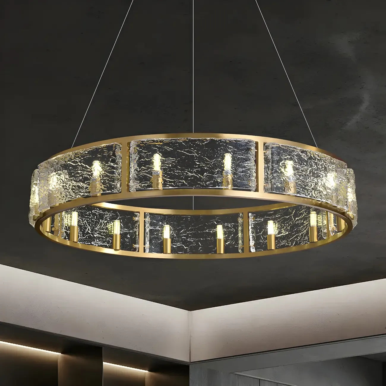 Lampadario a cerchio in ottone e vetro moderno a 16 luci regolabile in altezza