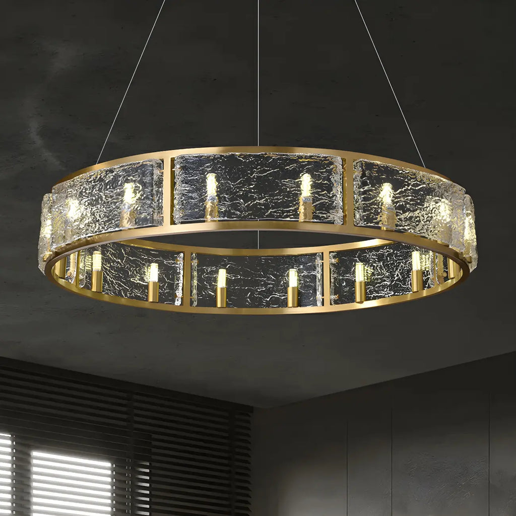 Lampadario a cerchio in ottone e vetro moderno a 16 luci regolabile in altezza