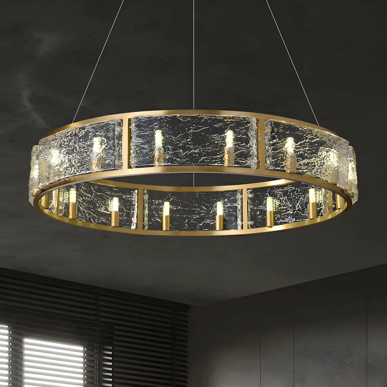Lampadario a cerchio in ottone e vetro moderno a 16 luci regolabile in altezza