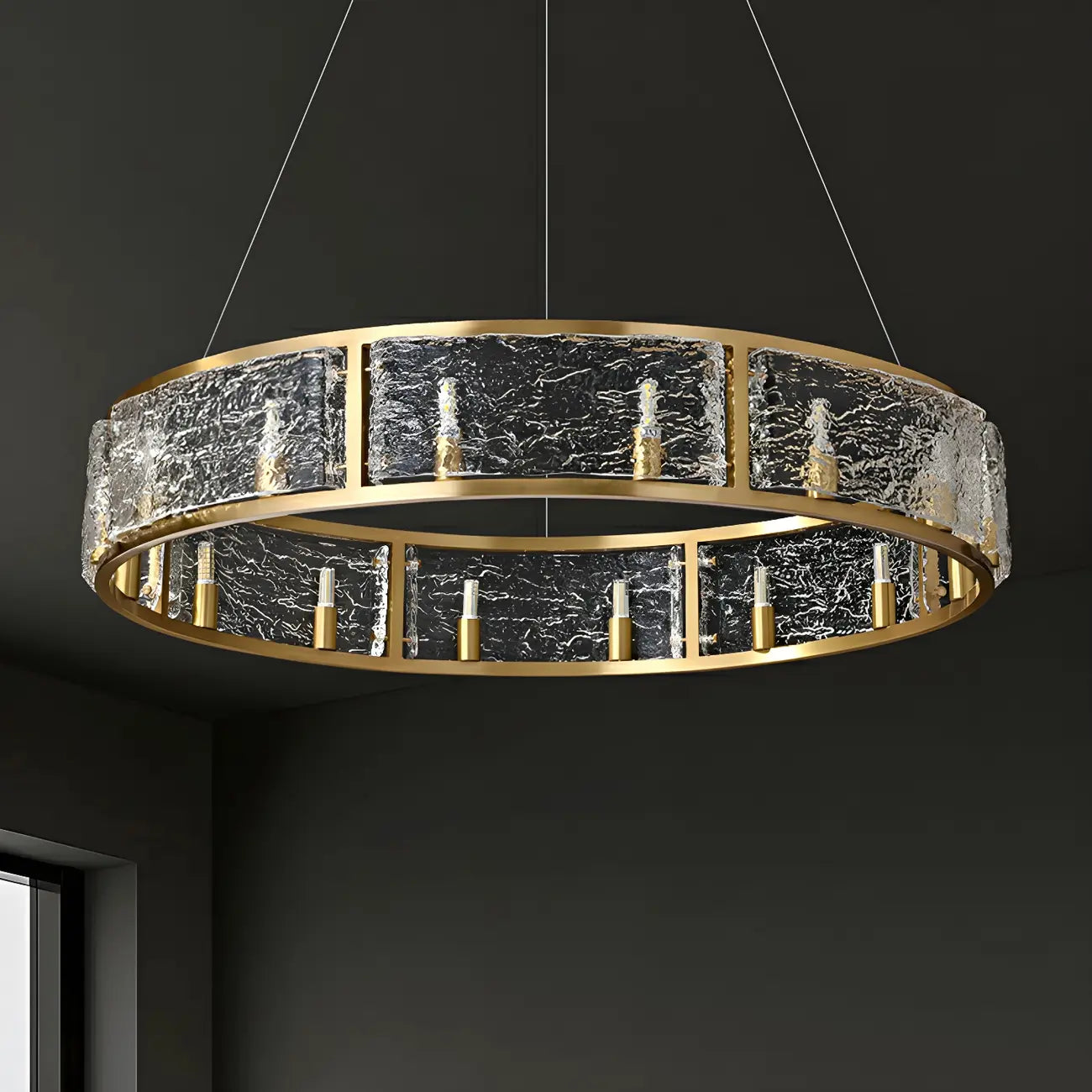 Lampadario a cerchio in ottone e vetro moderno a 16 luci regolabile in altezza