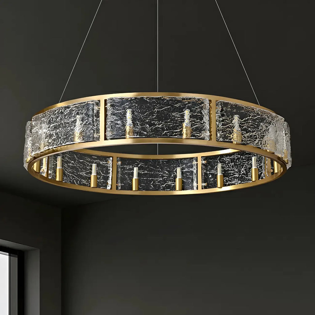 Lampadario a cerchio in ottone e vetro moderno a 16 luci regolabile in altezza
