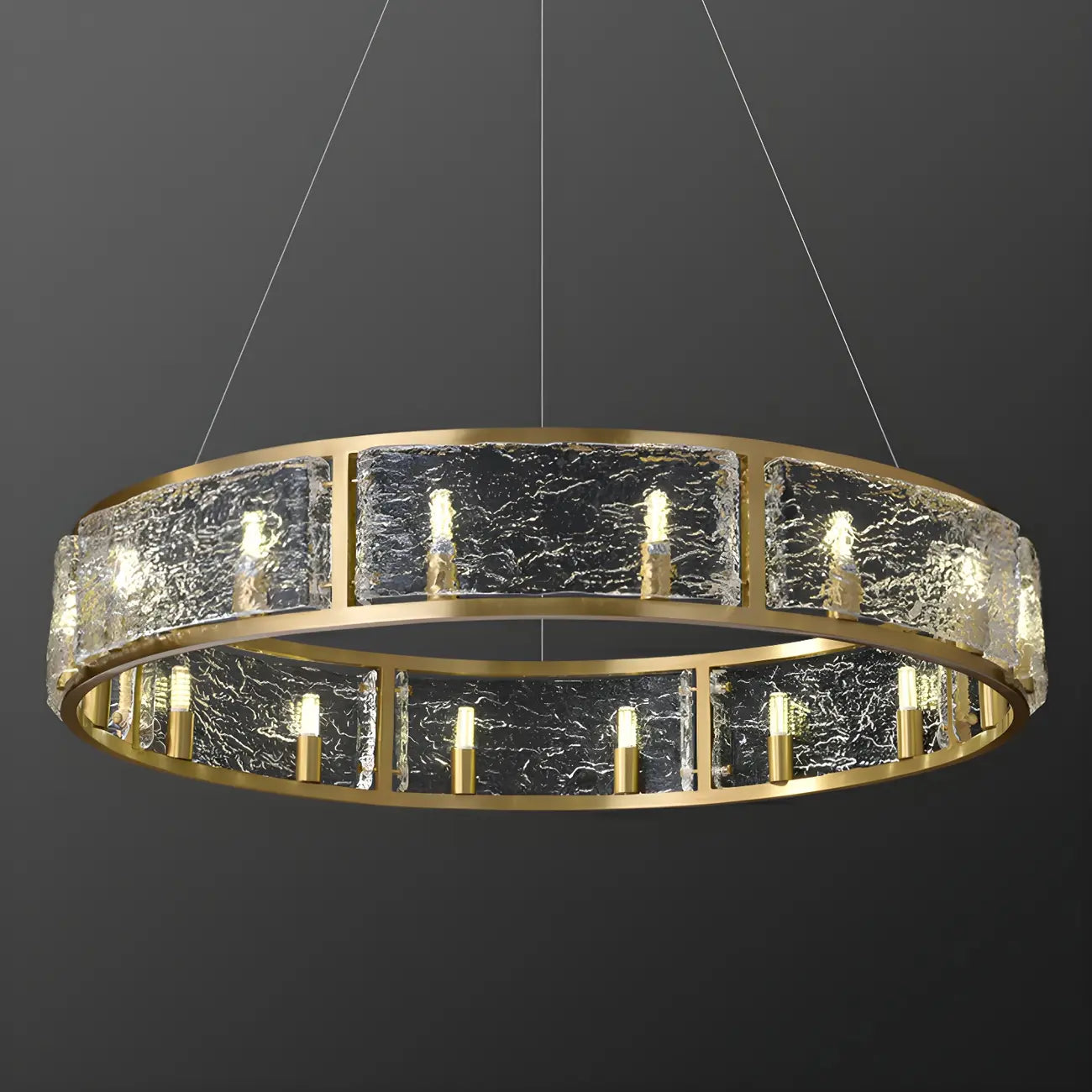 Lampadario a cerchio in ottone e vetro moderno a 16 luci regolabile in altezza