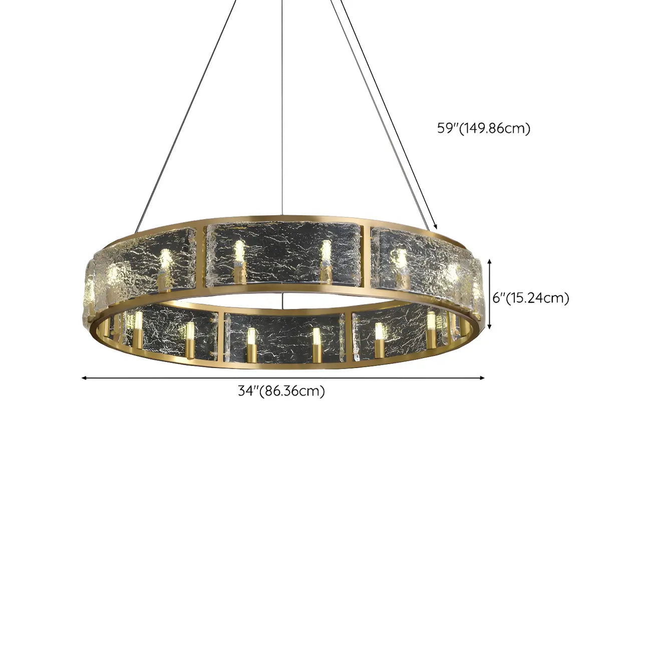Lampadario a cerchio in ottone e vetro moderno a 16 luci regolabile in altezza