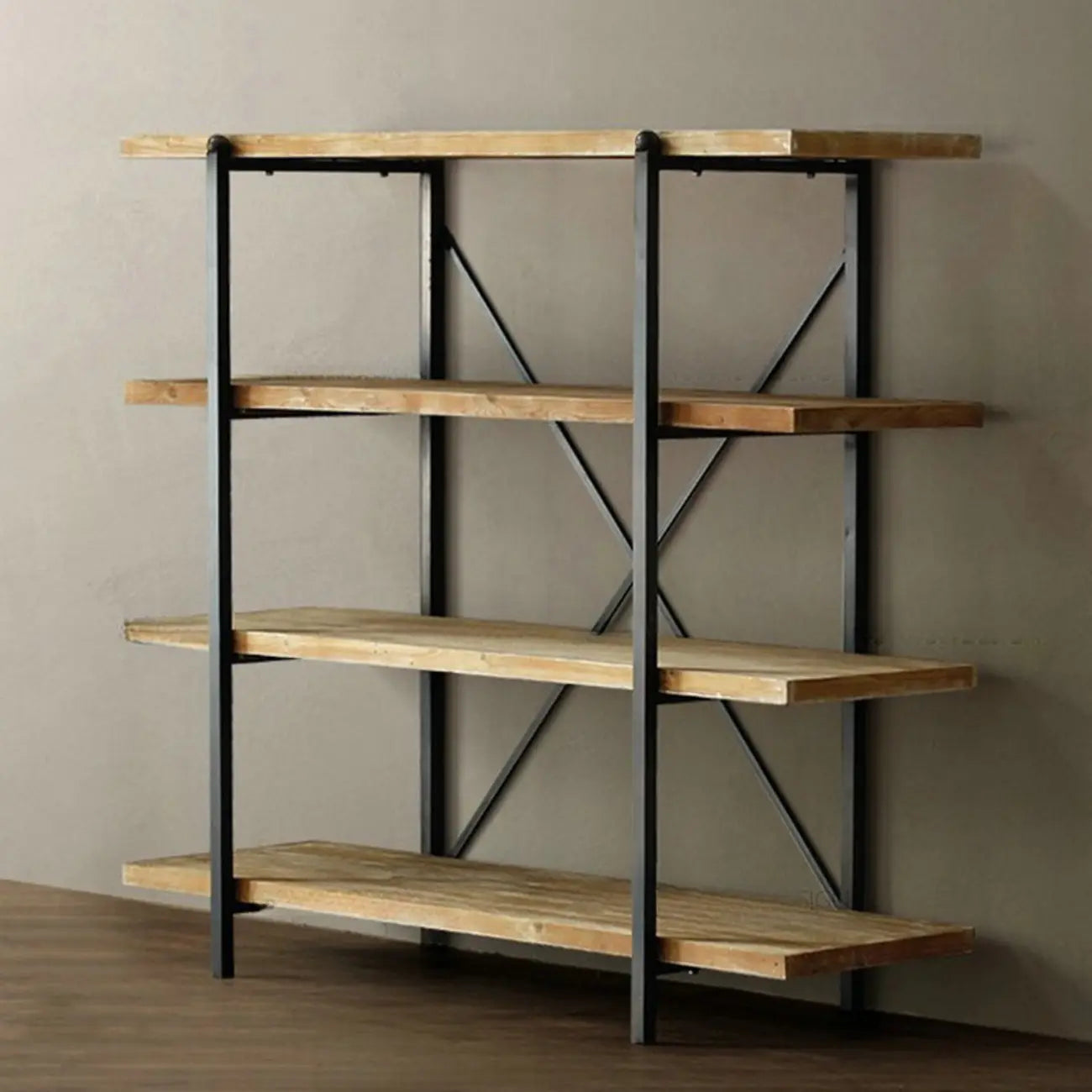 Bibliothèque murale industrielle en bois et métal à 4 niveaux