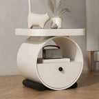 Table de chevet ronde en bois beige kaki avec étagère et tiroir