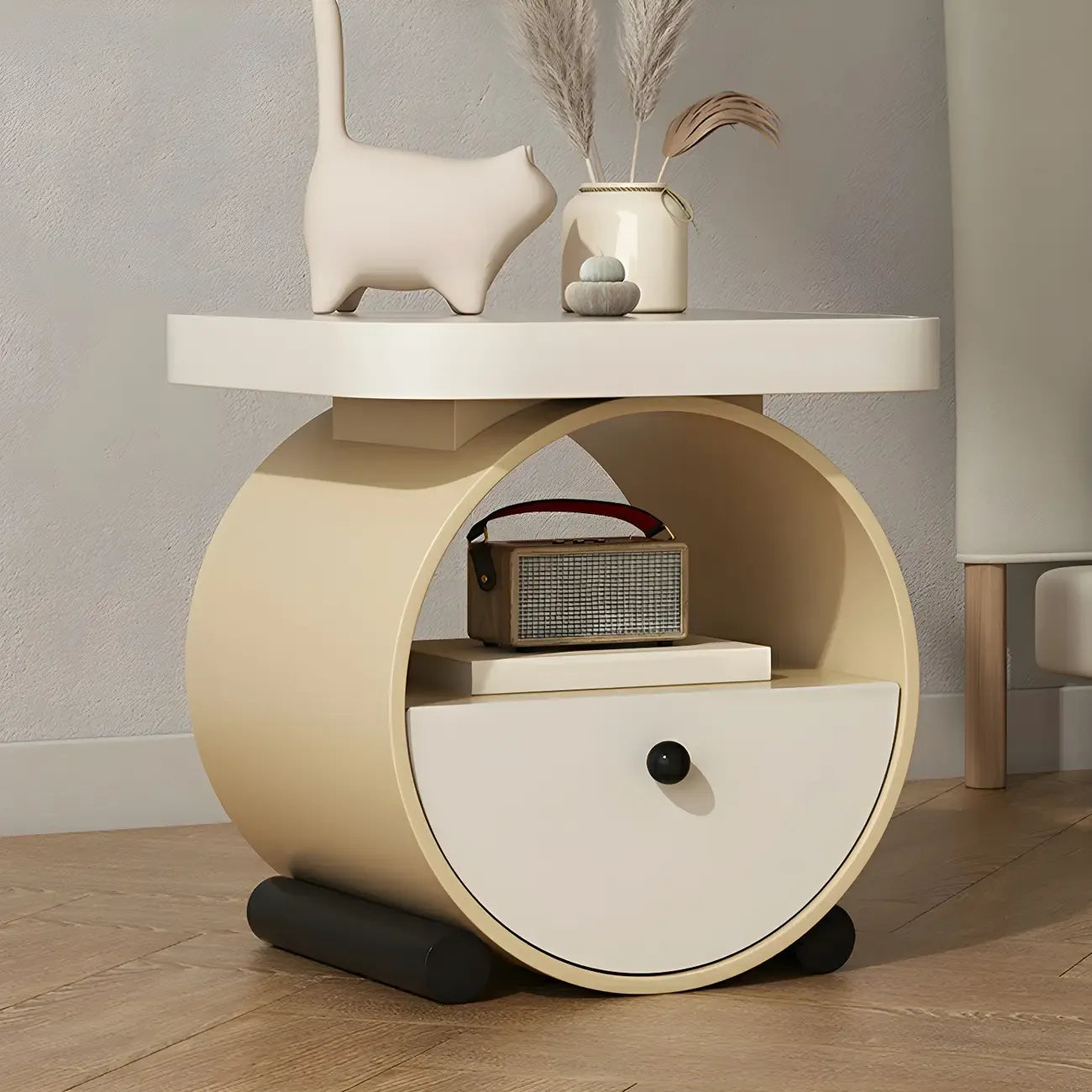 Table de chevet ronde en bois beige kaki avec étagère et tiroir