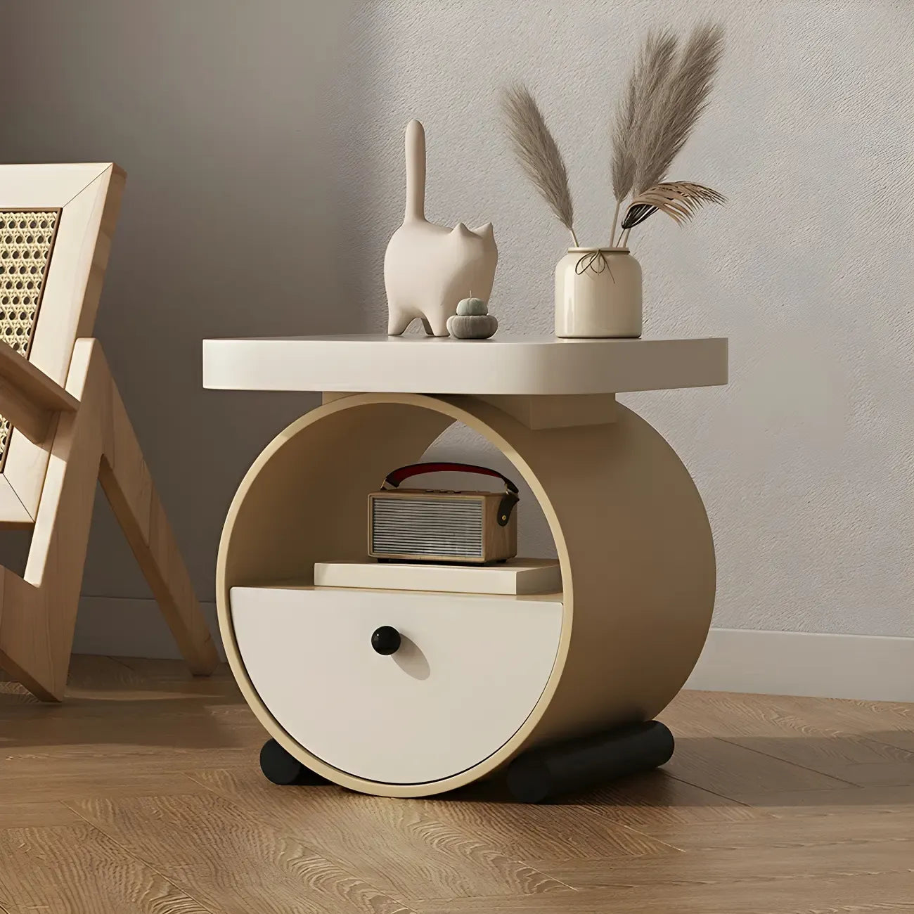 Table de chevet ronde en bois beige kaki avec étagère et tiroir