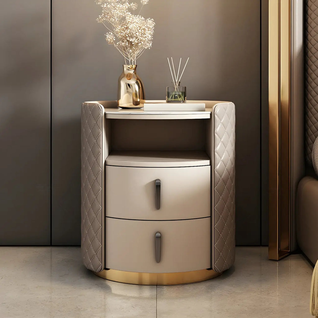 Table de chevet moderne en similicuir beige avec tiroirs