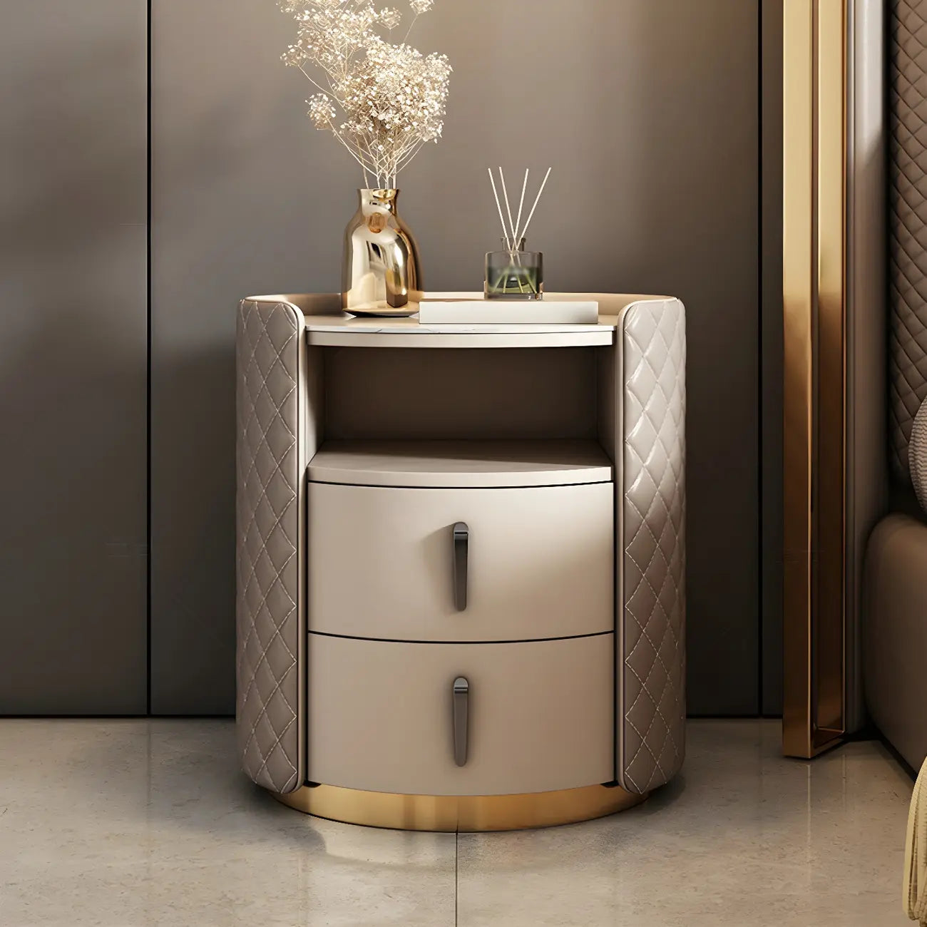 Table de chevet moderne en similicuir beige avec tiroirs