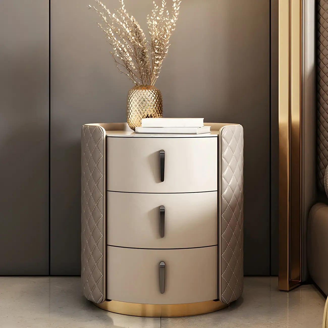 Table de chevet moderne en similicuir beige avec tiroirs