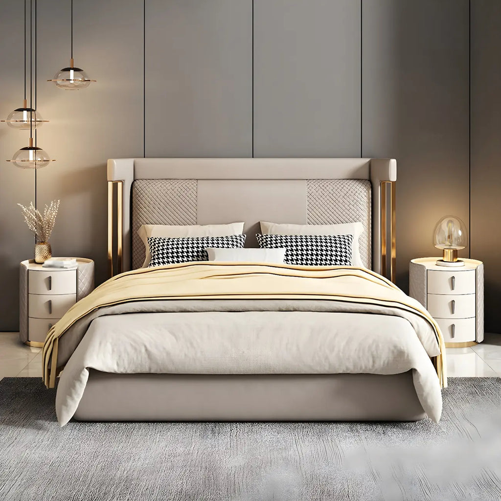 Table de chevet moderne en similicuir beige avec tiroirs