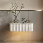 Table de chevet suspendue moderne en bois gris avec plateau en verre