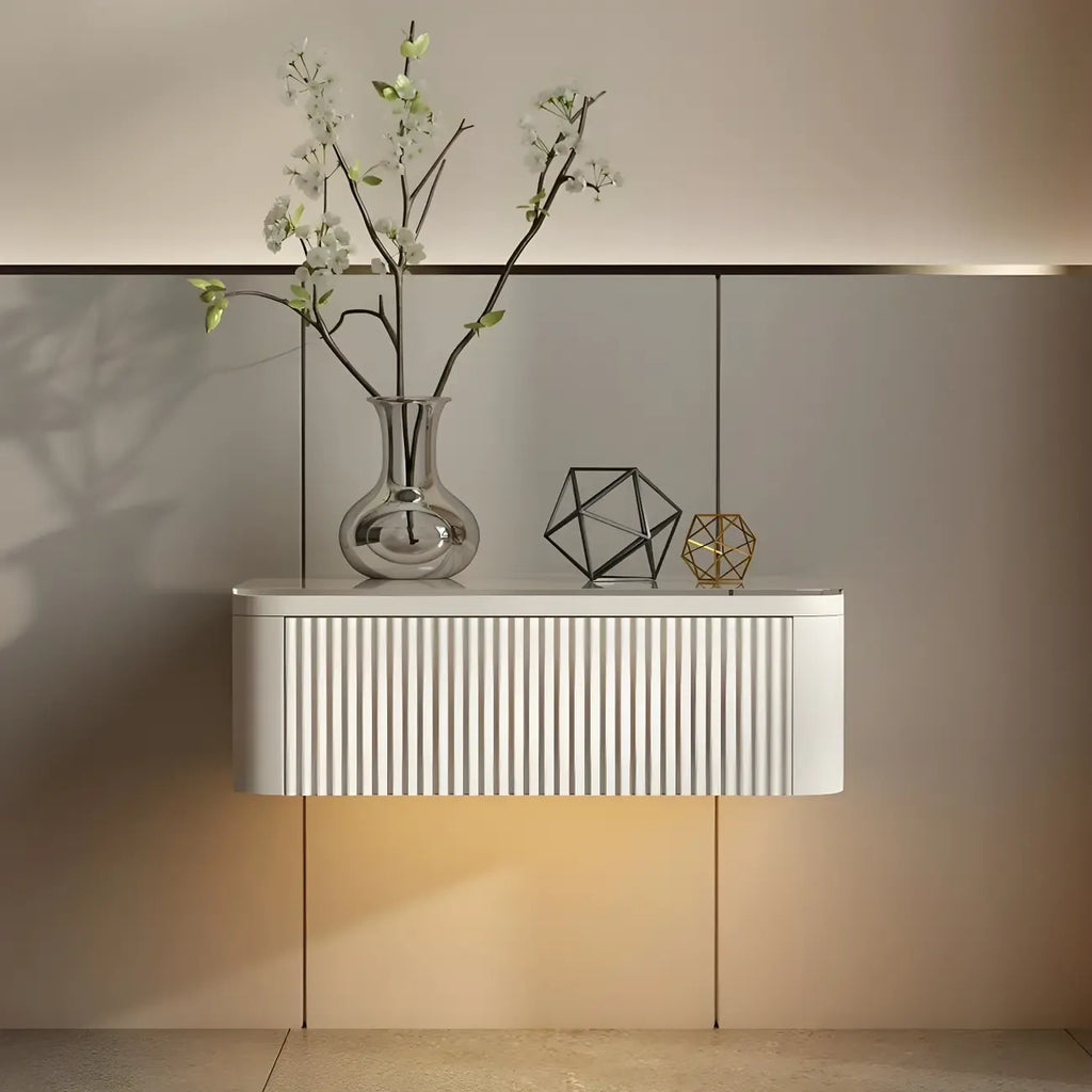 Table de chevet suspendue moderne en bois gris avec plateau en verre