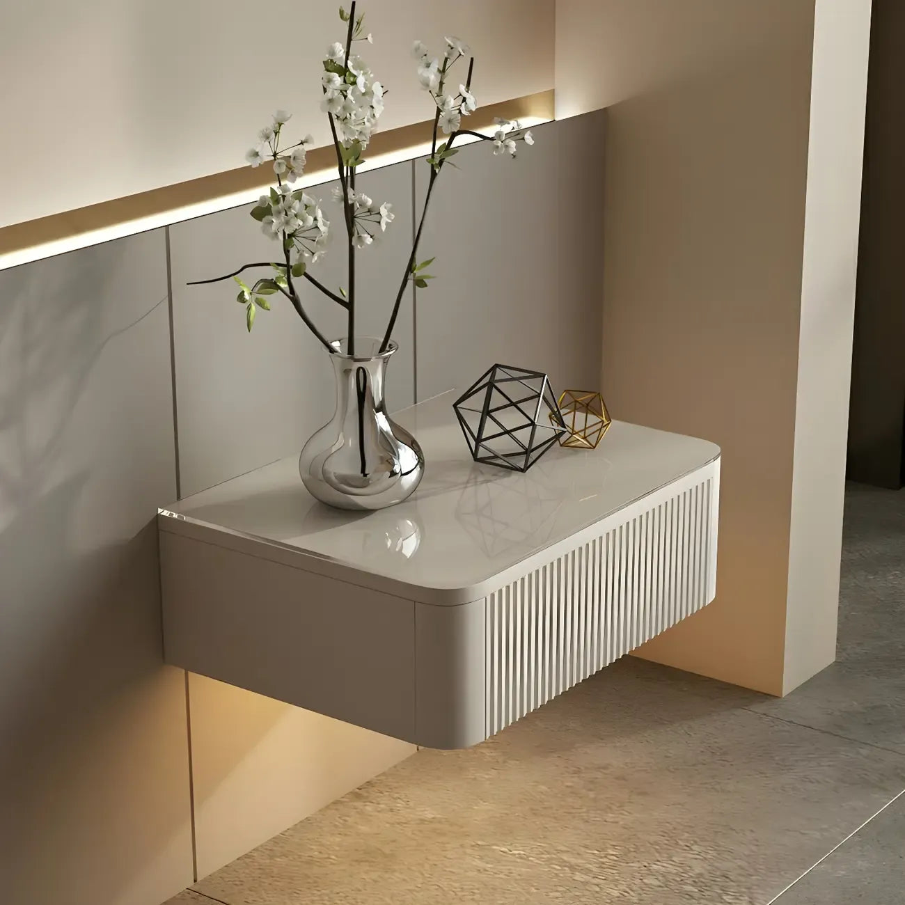Table de chevet suspendue moderne en bois gris avec plateau en verre