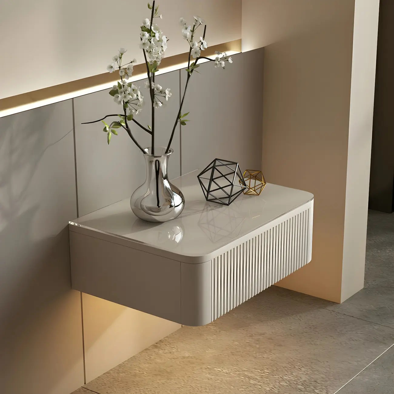 Table de chevet suspendue moderne en bois gris avec plateau en verre