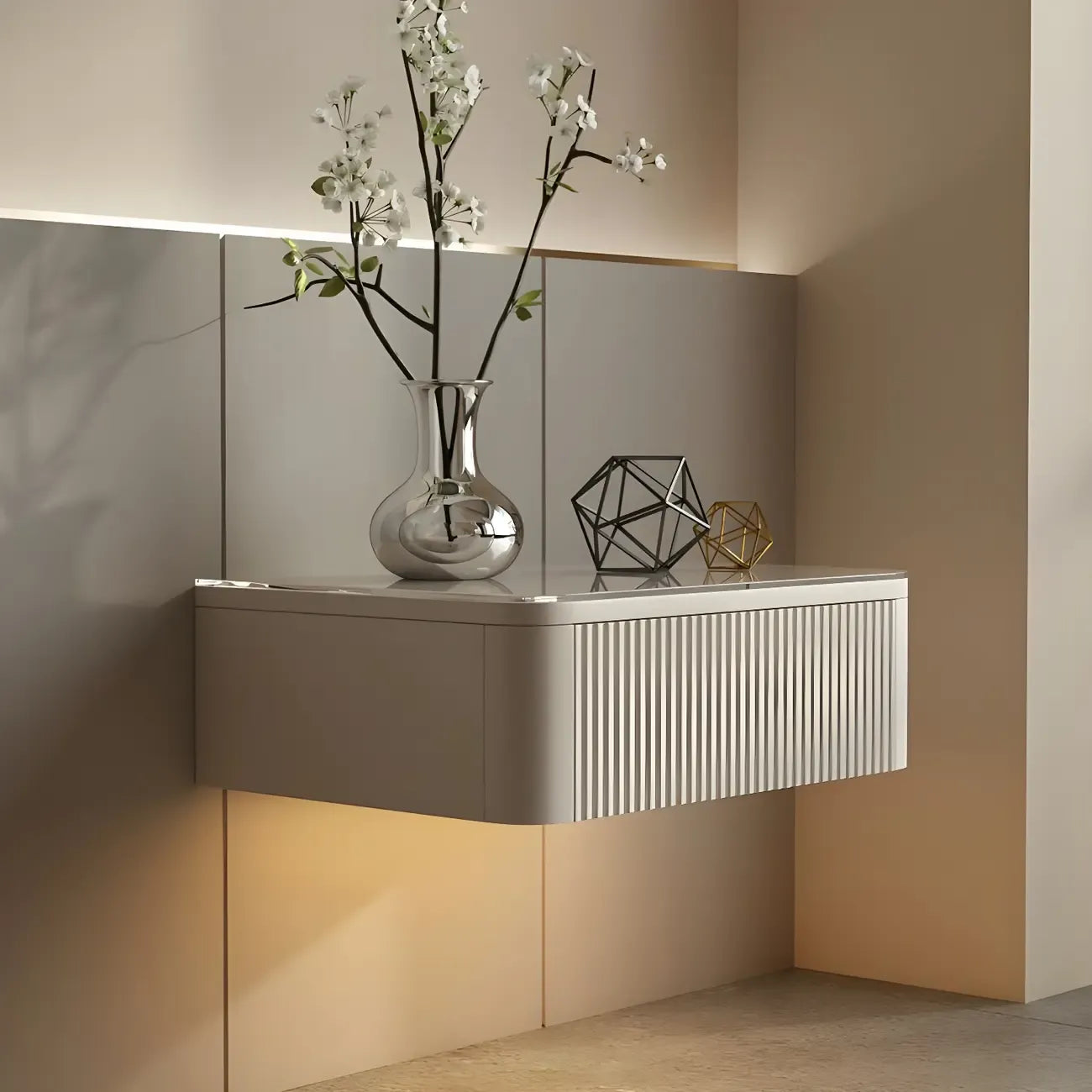 Table de chevet suspendue moderne en bois gris avec plateau en verre