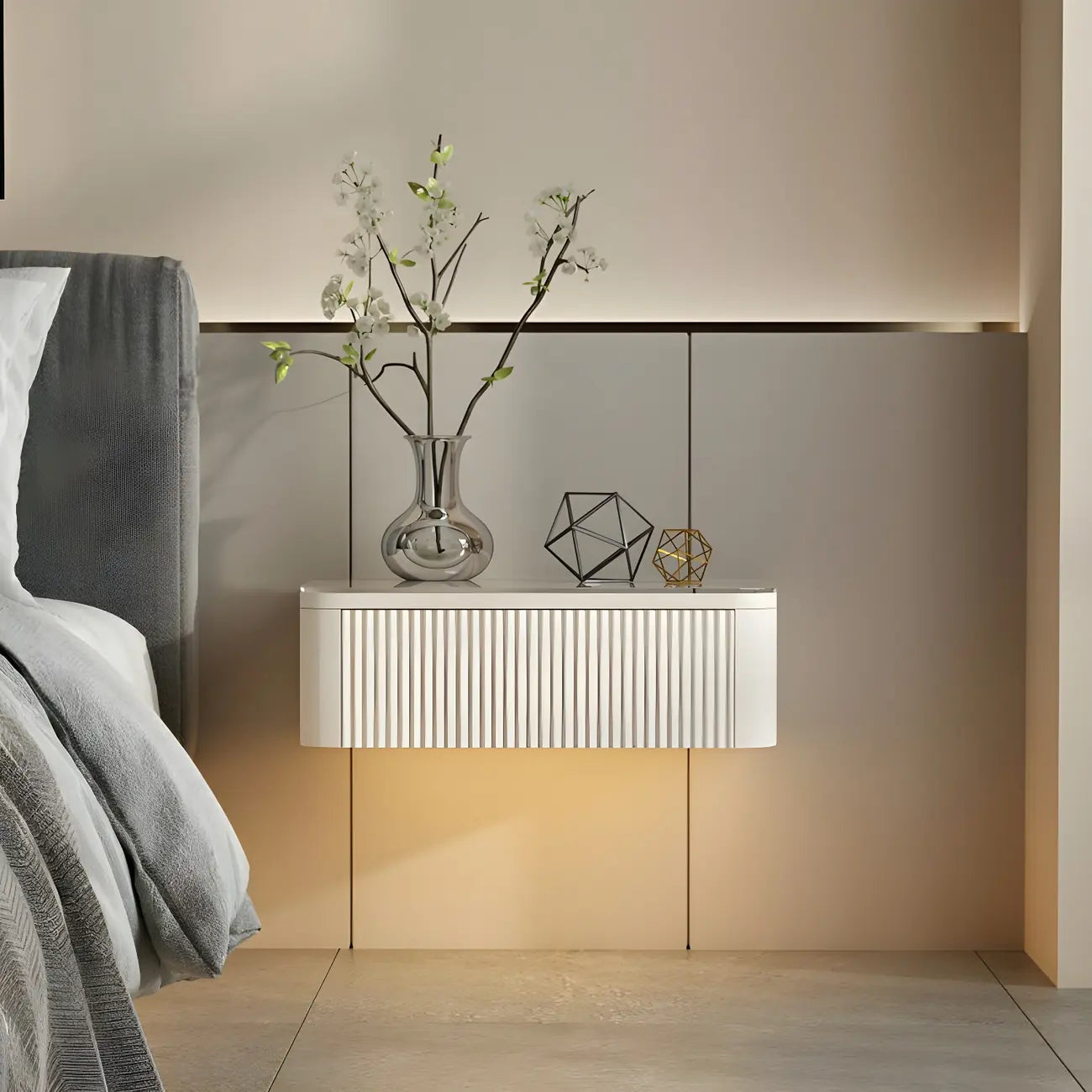 Table de chevet suspendue moderne en bois gris avec plateau en verre