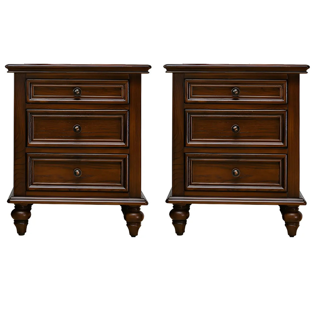 Table de chevet compacte en noyer foncé à 3 tiroirs