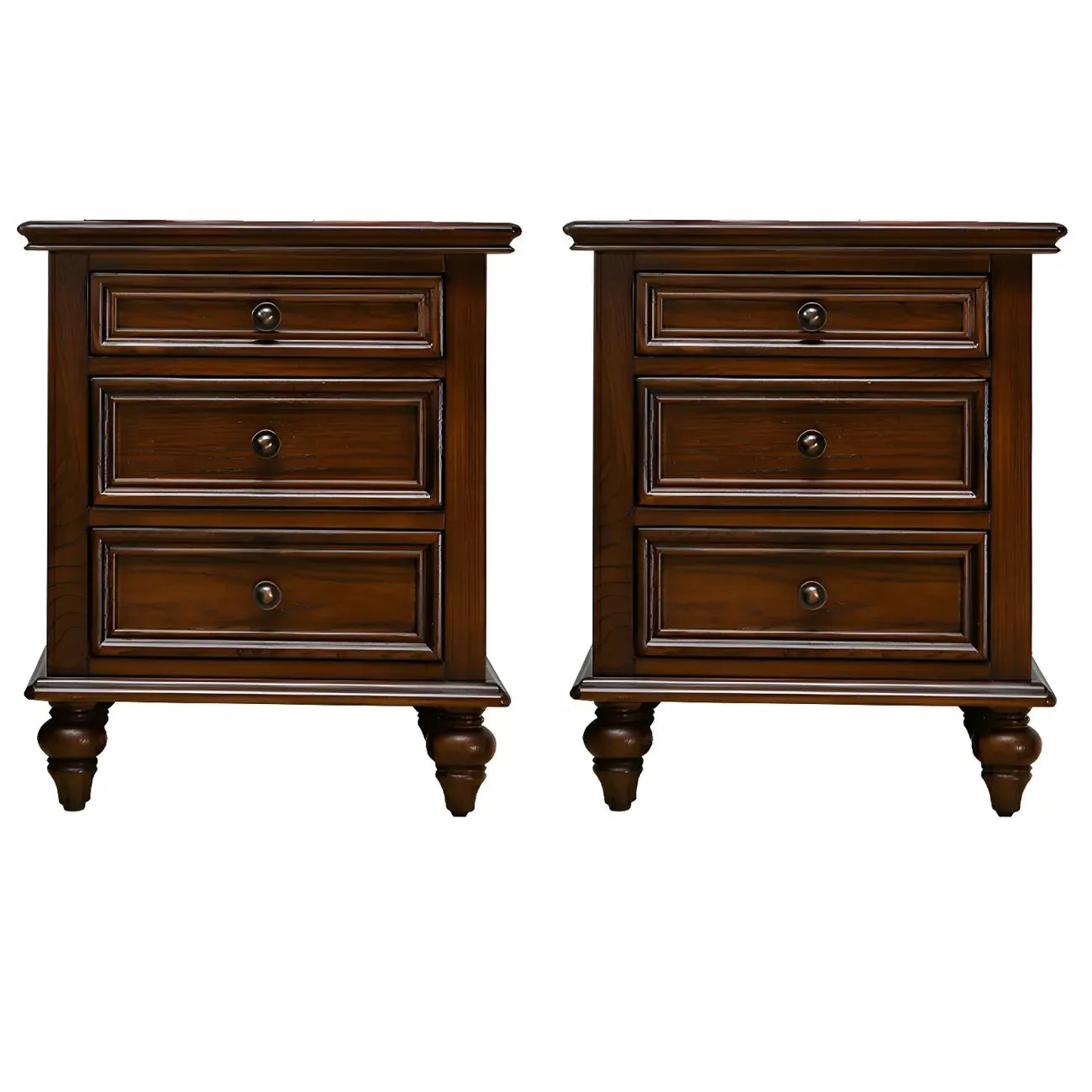 Table de chevet compacte en noyer foncé à 3 tiroirs