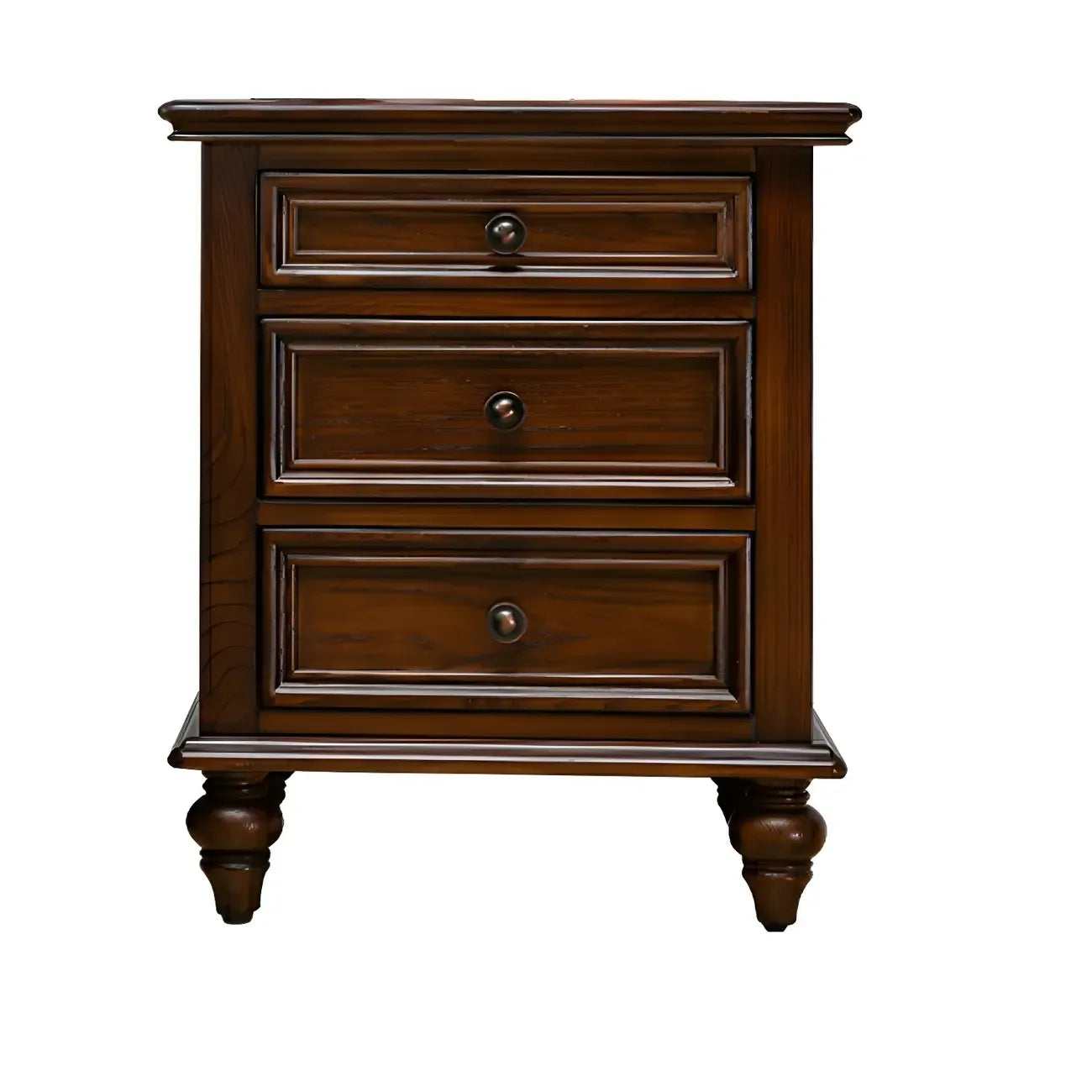 Table de chevet compacte en noyer foncé à 3 tiroirs